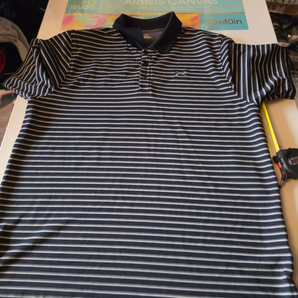 Under Armour HeatGear Mens XXL Striped Golf Polo Shirt Black White Grey 14018